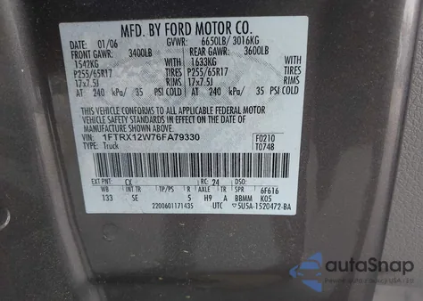 2006 Ford F-150 Stx/Xl/Xlt из США, поврежденный, VIN 1FTRX12W76FA79330